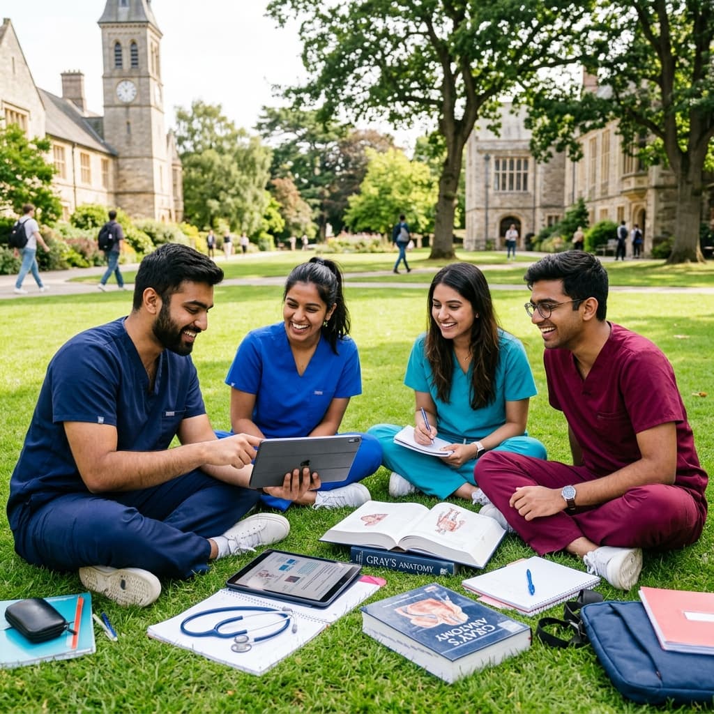 Medical students studying in a campus park