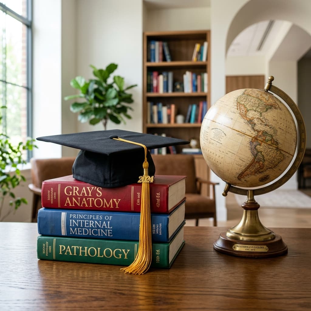 Textbooks stack with academic cap and desk globe